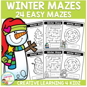 Może przedstawiać: Zestaw labiryntów o tematyce zimowej dla dzieci. Obrazek przedstawia bałwana i tekst "Winter Mazes 24 Easy Mazes". Każdy labirynt ma inny obrazek związany z zimą, jak bałwan, królik i pingwin.