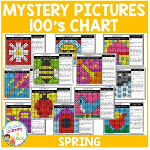 May include: A set of 10 spring-themed mystery picture worksheets for kids. Each worksheet features a 100's chart with a color code to reveal a hidden picture. The pictures include a flower, bee, bird, ladybug, and more.
