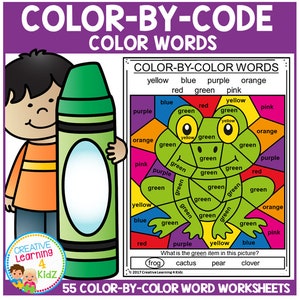 May include: A colour-by-code worksheet featuring a green frog with a colourful stained glass design. The worksheet includes a colour key with the words yellow, blue, purple, orange, red, green, and pink. The text "What is the green item in this picture?" is included with the words "frog, cactus, pear, clover" below.