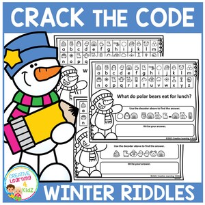 Peut inclure: Une illustration en noir et blanc d'un bonhomme de neige tenant un crayon. L'image comprend une activité de décryptage avec un bonhomme de neige et le texte "What do polar bears eat for lunch?" et "Winter Riddles".