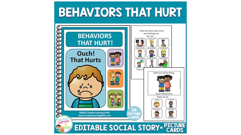 Pu&ograve; includere: Un libro di storie sociali colorato e carte illustrate per insegnare ai bambini i comportamenti che fanno male. La copertina del libro presenta un'illustrazione di un bambino con le lacrime agli occhi. Il titolo del libro &egrave; "Comportamenti che fanno male!" e il sottotitolo &egrave; "Ahi! Fa male". Le carte illustrate mostrano illustrazioni di bambini che si impegnano in diversi comportamenti che possono far male agli altri, come colpire, calciare, mordere e spingere.