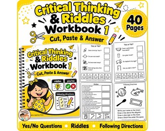 May include: A 40-page spiral-bound workbook titled Critical Thinking & Riddles Workbook 1: Cut, Paste & Answer. The cover features a cartoon character and icons of scissors and a pencil. Included are sample activity pages with yes or no questions.