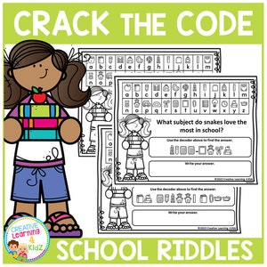 Peut inclure: Une feuille de travail imprimable en noir et blanc avec le texte "Crack the Code" et "School Riddles". La feuille de travail présente une énigme sur les serpents et un code pour déchiffrer la réponse. Le code utilise des symboles pour représenter les lettres de l'alphabet.