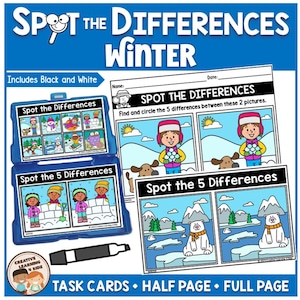 May include: A set of printable task cards for kids to play a spot the difference game with winter themed images. The cards include black and white versions. The text on the cards reads "Spot the Differences" and "Spot the 5 Differences".