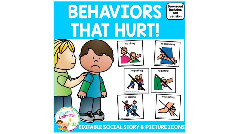 Pu&ograve; includere: Un'illustrazione colorata di due bambini, uno con un'espressione triste e l'altro con un'espressione preoccupata. L'illustrazione &egrave; intitolata "Comportamenti che fanno male!" e include sei immagini di bambini che si impegnano in comportamenti dannosi, come mordere, graffiare, spingere, colpire, calciare e pizzicare. Ogni immagine ha una linea diagonale rossa che la attraversa, indicando che questi comportamenti non sono accettabili. Il testo "Storia sociale e icone di immagini modificabili" si trova nella parte inferiore dell'illustrazione.