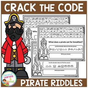 May include: A printable worksheet with a pirate theme. The worksheet features a code-breaking activity with a pirate character and a riddle: "What does a pirate eat for breakfast?"