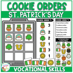 May include: A printable worksheet for a St. Patrick's Day cookie order activity. The worksheet includes a cookie tray with images of leprechauns, rainbows, shamrocks, horseshoes, Irish flags, and gold coins. The worksheet also includes a list of cookie orders with quantities for each type of cookie.