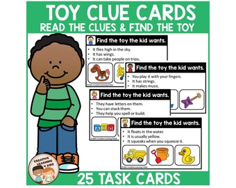 Toy Clue Task Cards | Read the Clues & Find the Toy Picture Matching Activity
