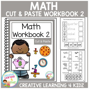 Könnte beinhalten: Ein farbenfroher Arbeitsbuchumschlag mit dem Titel "Math Workbook 2" und den Worten "Cut & Paste". Der Umschlag zeigt eine Comic-Illustration eines Kindes, das ein Sparschwein, eine Pizza, eine Uhr und eine mathematische Aufgabe hält.