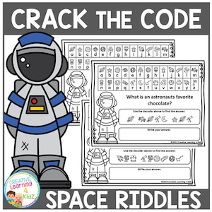 May include: Black and white printable worksheet featuring an astronaut and space-themed images. The worksheet includes a code-breaking activity with a space-themed riddle: "What is an astronaut's favorite chocolate?"