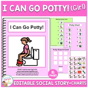 K&ouml;nnte beinhalten: Ein rosa-wei&szlig;es Social Story- und Chart-Set mit dem Titel "I Can Go Potty!" f&uuml;r M&auml;dchen. Das Set enth&auml;lt eine T&ouml;pfchen-Chart, eine Belohnungs-Chart und eine visuelle Anleitung mit einem M&auml;dchen, das auf einer Toilette sitzt. Der Text "15 Seiten" ist sichtbar.