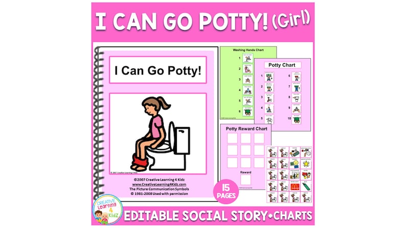 K&ouml;nnte beinhalten: Ein rosa-wei&szlig;es Social Story- und Chart-Set mit dem Titel "I Can Go Potty!" f&uuml;r M&auml;dchen. Das Set enth&auml;lt eine T&ouml;pfchen-Chart, eine Belohnungs-Chart und eine visuelle Anleitung mit einem M&auml;dchen, das auf einer Toilette sitzt. Der Text "15 Seiten" ist sichtbar.