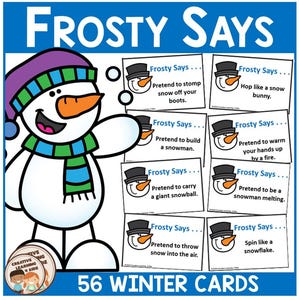 Könnte beinhalten: Ein Satz von 56 Winter-Spielkarten mit einem Cartoon-Schneemann mit dem Text "Frosty Says..." und verschiedenen winterlichen Aktionen.