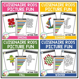 May include: Four educational posters with the text "CUISENAIRE RODS PICTURE FUN". Each poster has a seasonal theme: Spring, Summer, Autumn, and Winter. Each poster includes a picture of an object and a corresponding Cuisenaire rod diagram.