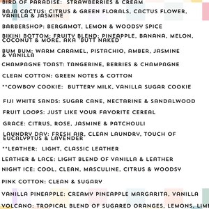 a list of scents, including a variety of floral and fruity scents, as well as some unique and exotic scents. The list is organized into different sections, each with a specific scent listed. The image does not contain any text that can be described in more detail, and it does not include any images of scents or specific details about the scents. The image is a collection of scents, and it does not contain any text that can be described in more detail.