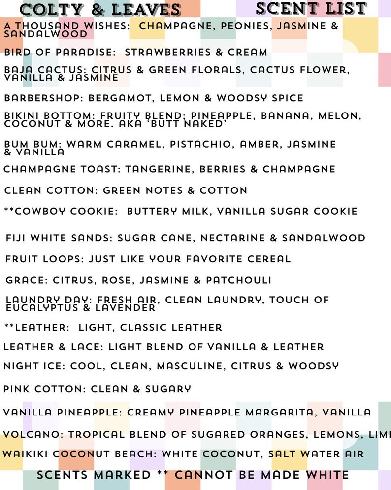 a list of scents, including a variety of floral and fruity scents, as well as some unique and exotic scents. The list is organized into different sections, each with a specific scent listed. The image does not contain any text that can be described in more detail, and it does not include any images of scents or specific details about the scents. The image is a collection of scents, and it does not contain any text that can be described in more detail.