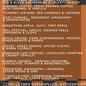 a list of fall scents, including various types of coffee, chocolate, and vanilla fragrances.