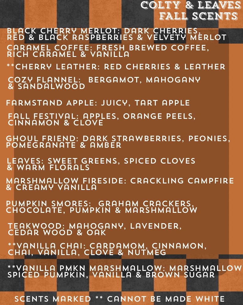 a list of fall scents, including various types of coffee, chocolate, and vanilla fragrances.