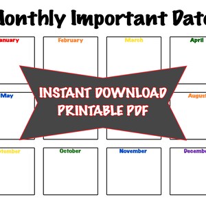Monthly Important Dates | PRINTABLE | Monthly Plans