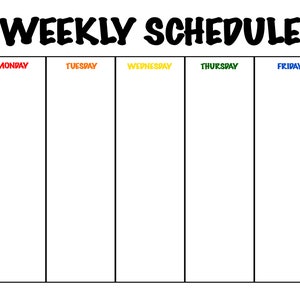 May include: A blank weekly schedule template with the days of the week labeled in different colors: Monday (red), Tuesday (orange), Wednesday (yellow), Thursday (green), and Friday (blue).