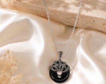 Natural Black Onyx Donut Pendant, 925 Sterling Silver, Victorian Style Necklace