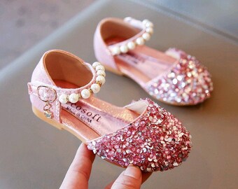 Little Kids Girls Pink Glitter Princess Low Heels Mary Jane Party Dance Shoes Rhinestone Sandals That Sparkle