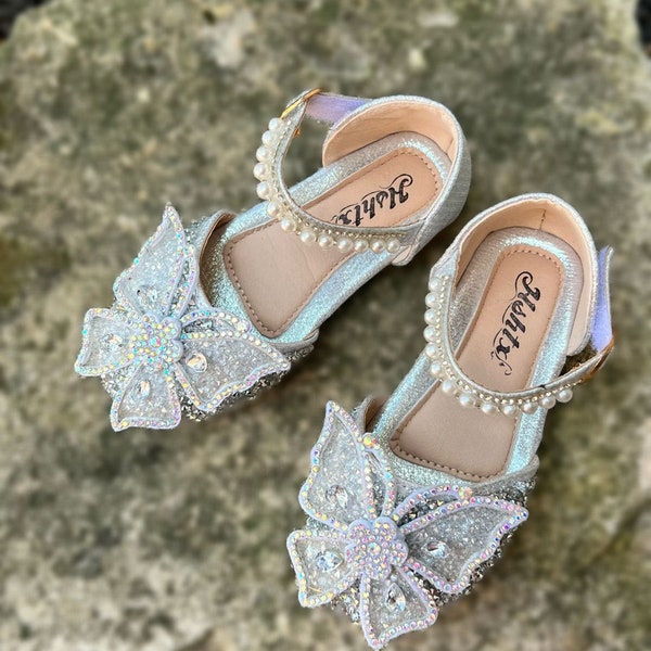 Toddler Girls Dress Shoes With Butterfly Flower For Wedding Party Bridesmaids Shoes Glitter Princess Ballet Flats That Sparkle