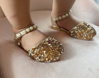 Gold  Little Girls Dress Shoes With Sequins For Wedding Party Bridesmaids Shoes Glitter Princess Ballet Flats That Sparkle