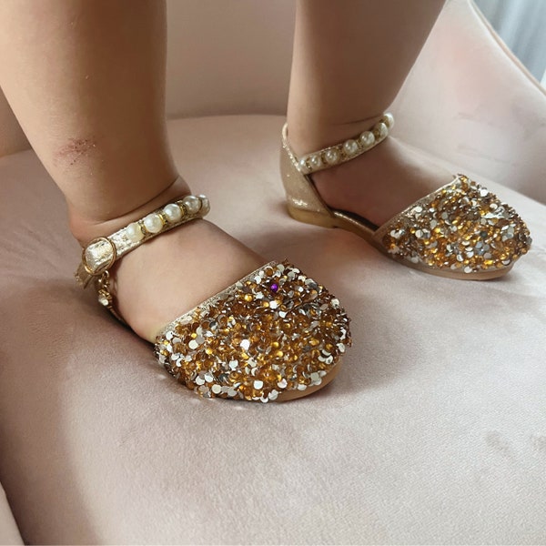 Chaussures habillées dorées pour petites filles, avec paillettes, pour fête de mariage, chaussures de demoiselles d'honneur, ballerines de princesse à paillettes qui brillent