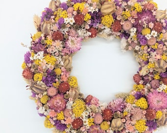 Colorful handmade dried flower wreath – sustainable table, wall & door decoration made from real dried flowers – a special gift for any occasion