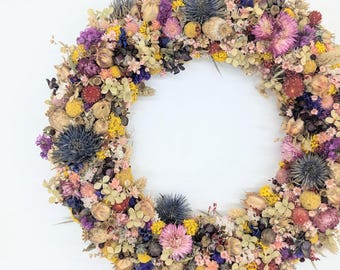 Colorful handmade dried flower wreath – sustainable table, wall & door decoration made from real dried flowers – a special gift for any occasion