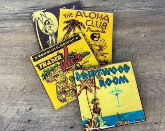 Retro Tiki Bar Matchbook Art Coasters: Handmade Wood Coaster Set