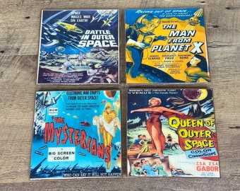 Sci-Fi Movie Poster Coasters: Handmade Wood Coaster Set