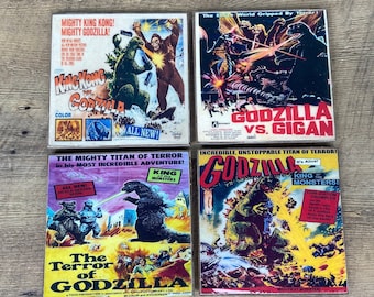 King of the Monsters Retro Godzilla Movie Poster Coasters: Handmade Wood Coaster set