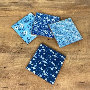 Shades of Blue Floral Design Coasters: Handmade Wood Coaster Set