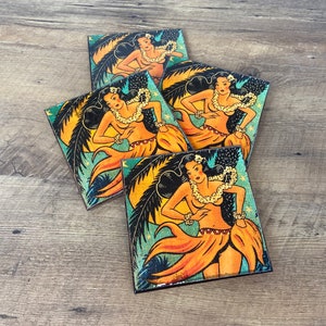 Hawaiian Hula Dancer Coaters - met hars verzegelde harde toplaag - handgemaakte decoratieve onderzetter set van vier - onbreekbare achterkant van kurk - retrostijl