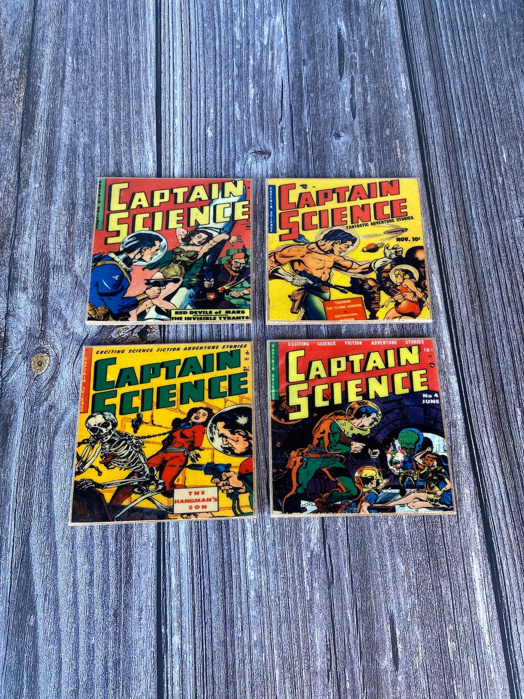 Captain Science Pulp Comic Book Coasters: Handmade Wood Coaster Set - Etsy