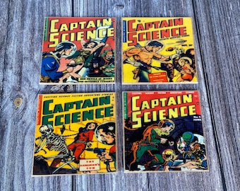 Captain Science Pulp Comic Book  Coasters: Handmade Wood Coaster Set
