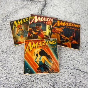 Amazing Stories Pulp Comic Book Coasters - retro space age - handmade decorative coaster set of four - lightweight shatterproof cork backed