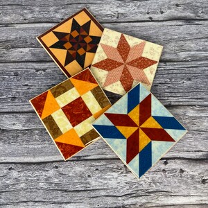 Quilt Square Inspired Coasters - resin sealed hard topcoat - handmade decorative coaster set of four -  cork backed - farmhouse style décor