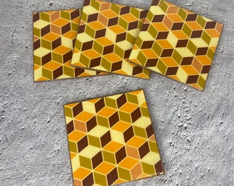 70s 3D Geometric Cube Drink Coasters - resin sealed hard topcoat -handmade decorative coaster set of four-shatterproof cork backed