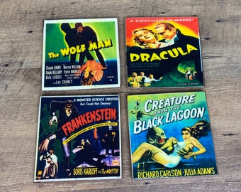 Retro Classic Horror Movie Poster Coasters - resin sealed hard topcoat - handmade decorative coaster set of four -cork backed