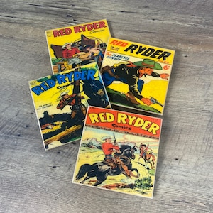 May include: Four vintage comic books featuring Red Ryder, a popular cowboy character. The covers are colourful and feature illustrations of Red Ryder on horseback and in various adventures. The comic books are titled "Red Ryder Comics" and "Red Ryder, The Fearless Cowboy".