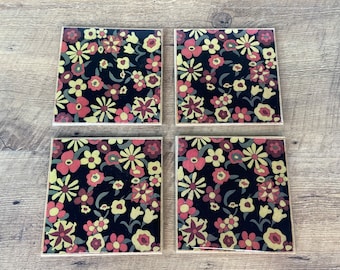 Mid Century Modern Floral Design coasters - resin sealed hard topcoat -handmade decorative coaster set of four-shatterproof cork backed