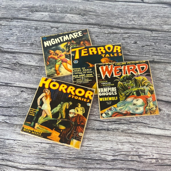 Retro Horror Pulp Comic Coasters - handgemaakte decoratieve achtbaan set van vier - kurk ondersteund - enge griezelige stripboeken - pulp terreur artwork