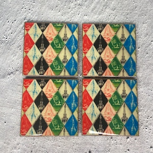 Chicago City Icons Coasters - handmade decorative coaster set of four - resin topcoat - cute unique coaster set - retro style décor