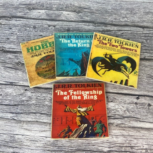 Lord of the Rings Book Cover Coasters - handmade decorative coaster set of four - Hard resin topcoat - full cork back  - LOTR Paperback Book