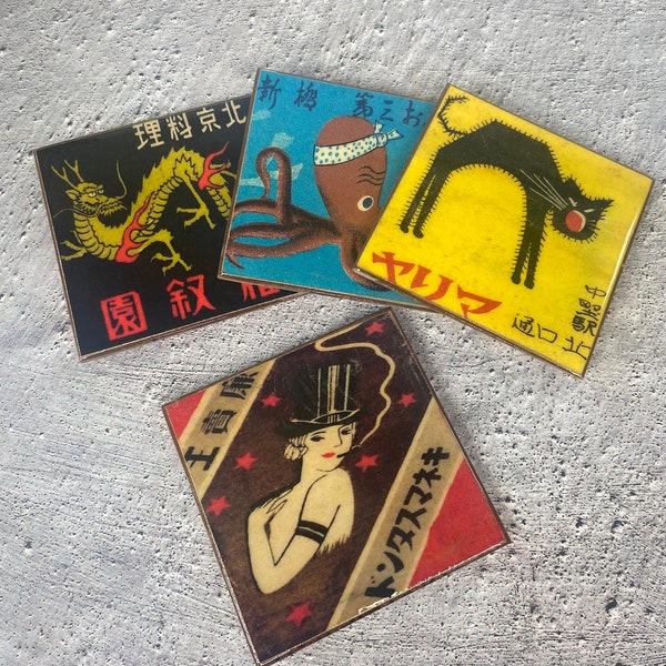 Unique Japanese Matchbook Art Coasters - resin sealed hard topcoat - handmade decorative coaster set of four - shatterproof cork backed -