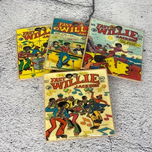 Fast Willie Jackson Retro Comic Coasters - handmade decorative coaster set of four - lightweight - full cork backing - water resistant -