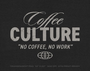 May include: A black and white graphic design with the text "Coffee Culture" and the quote "No Coffee, No Work". A globe icon is below the text. The design is 14 inches by 20 inches and 300 DPI.